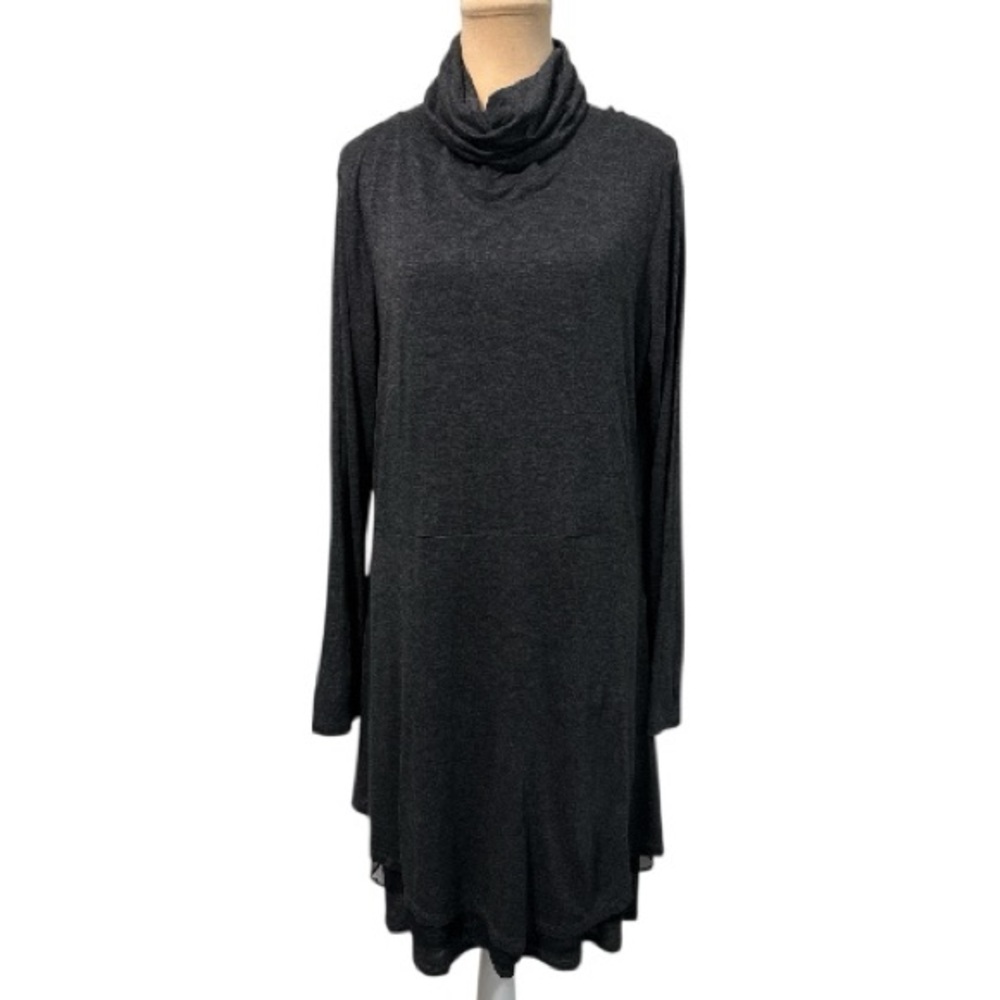 Kensie Dark Gray Knit Midi Dress Flowy Layered Skirt XL Elegant Soft Versatile